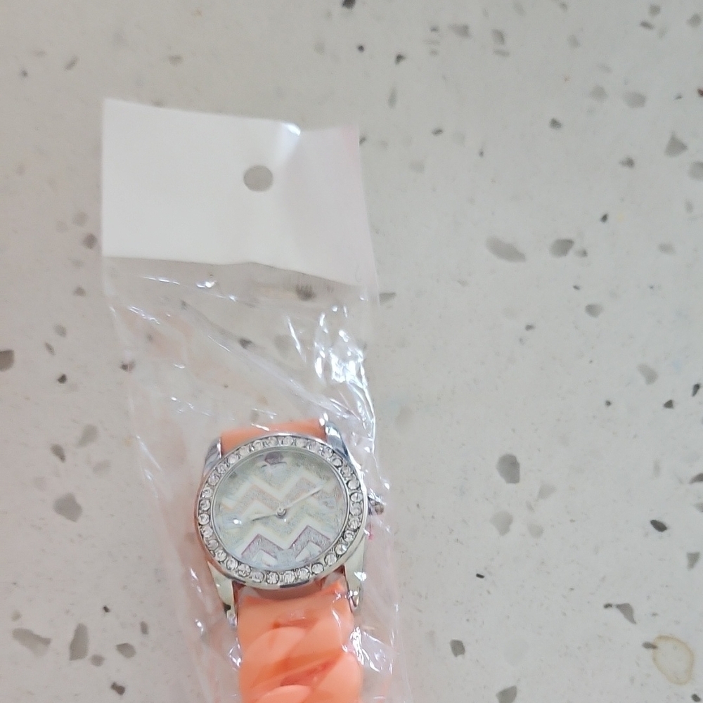 Orange Silicone Strap Watch with Rhinestone Bezel